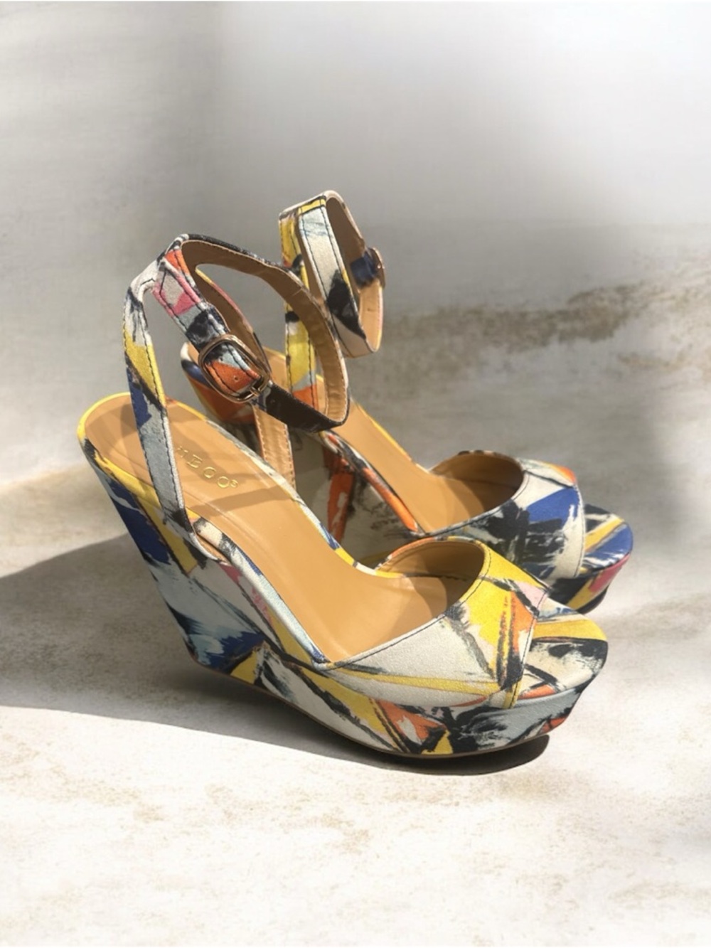 BAMBOO Multicolor Abstract Print Platform Ankle-Strap Heels - Picture 2 of 4